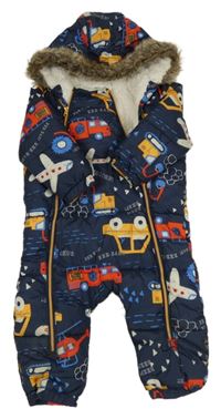 Tmavomodrá prešívaná šušťáková zimná kombinéza s motorovými prostředky a kapucňou s kožešinou zn. F&F