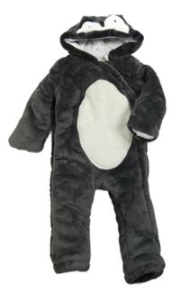 Tmavošedo-biela plyšová zateplená kombinéza s kapucí - tučňáček F&F