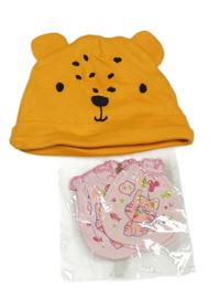 Nové - 2Set - Oranžová čapica s čumáčkem a oušky + světlerůžové rukavice s mačičkou