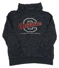 Tmavomodrá melírovaná mikina s písmenkom a nápismi a komínovým golierom YIGGA