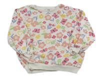 Smotanová oversize mikina s kvietkami a motýlikmi a srdiečkami C&A