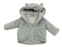 Šedo-bílá plyšová zateplená bunda s kapucí s oušky George
