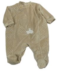 Svetlohnedý zamatový overal s medvedíkom a štěňátky a bodkami Prénatal