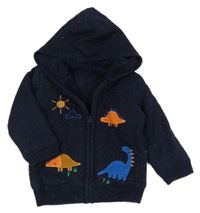 Nové  - tmavomodrý melírovaný propínací zateplený svetr s dinosaury a kapucí George