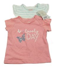 Nové - 2x - Tričko - Růžové s motýlikmi a nápisy, bílo/mátové pruhované s volánikmi lupilu