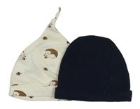 2x čepice - smetanová bavlněná s ježky + tmavomodrá žebrovaná