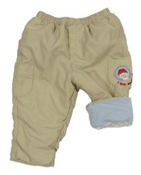 Béžové šusťákové zateplené kalhoty s kapsami s nášivkou