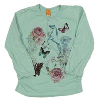 Tyrkysové triko s motýly s flitry a koněm Pusblu