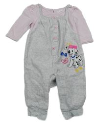 Světlešedo-světlerůžový sametový overal s dalmatinem Disney