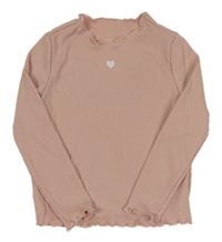 Staroružové rebrované tričko s výšivkou Shein