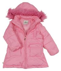 Ružová šušťáková zateplená bunda s kapucňou s kožešinou