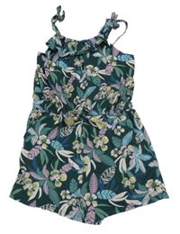 Tmavozelený květovaný kraťasový overal s volánkem 