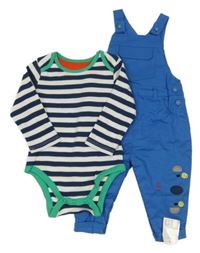 Nové - 2 set - modro-bílé pruhované body + modré plátěné podšité laclové kalhoty Mothercare