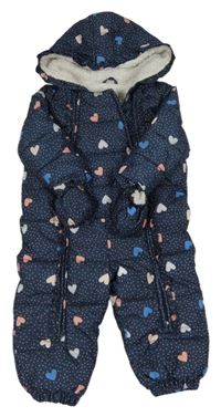 Tmavomodrá bodkovaná á šušťáková zimná kombinéza so srdiečkami a kapucí + rukavice Tom Tailor