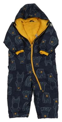 Tmavomodro-žlutá šusťáková zimní kombinéza s medvědy a kapucí Lupilu