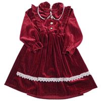 Vínové zamatové trblietavé šaty s golierikom a volánikmi