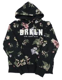 Černo-barevná květovaná mikina s nápisem a kapucí H&M