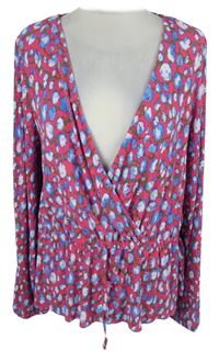 Dámska tmavorůžovo-modrá kvetovaná plisovaná peplum blúzka Pimkie