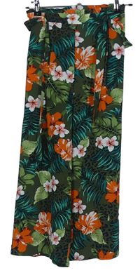 Dámske khaki kvetované culottes nohavice s opaskom zn. Primark vel. 32