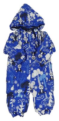 Modrá šusťáková zimní kombinéza s pandami a kapucí 