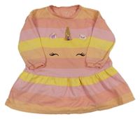 Ružovo-meruňkovo-žlté pruhované teplákové šaty s jednorožcom F&F