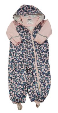 Tmavomodro-růžová nepromokavá kombinéza s kytičkami a kapucí Lupilu