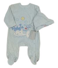 2set- Nové- modrý sametový overal s obrázkem+ čepice Early Days