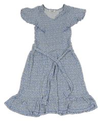 Světlemodro-žlto-biele kvetované šaty s volány FISH&CHIPS