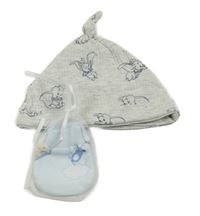 2 set - šedá bavlněná čepička s Dumbem + modré rukavičky s obrázkami