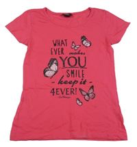 Tmavoružové tričko s nápismi a motýlikmi Page Young