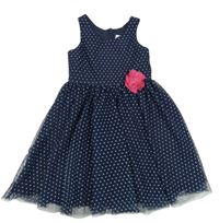 Tmavomodré tylové šaty s puntíky a květinou H&M