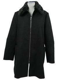 Dámský černý flaušový dlouhý kabát s kožešinou Primark