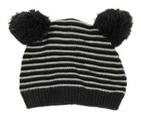 Černo-tmavošedo-bílá pruhovaná čepice s bambulemi Next