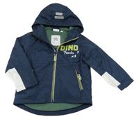 Tmavomodrá šusťáková jarní bunda s nápisem a kapucí