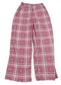 Růžovo-bílé kostkované pyžamové kalhoty se srdíčky 