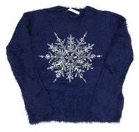 Tmavomodrý trblietavý chlpatý sveter s vločkou z flitrů M&S