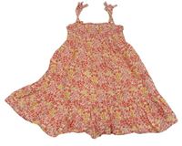 Červeno-žlté kvietkovane žabičkové letné plátenné šaty Primark