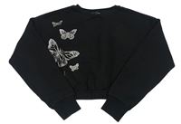 Čierna crop mikina s motýly z kamínků New Look