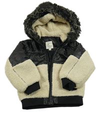 Béžovo-čierna huňato/šusťáková podšitá bunda