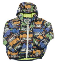 Tmavomodrá šusťáková jarní bunda s autobusy a kapucí Next