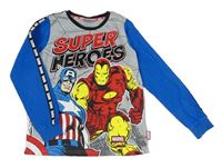 Sivo-modro-čierne melírované pyžamové tričko s Avengers a pruhom Tu