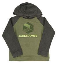 Khaki-tmavošedá melírovaná mikina s logem a kapucí JACK&JONES