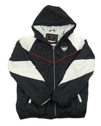 Černo-bílá šusťáková jarní bunda s nášivkou a kapucí C&A