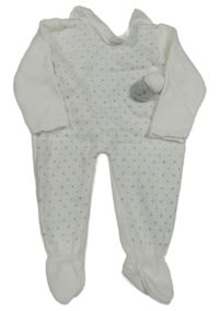 Bielo-sivý vzorovaný pletený overal s bambulkami a golierikom