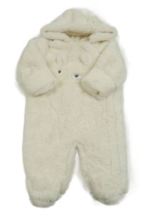 Smotanová kožušinová zateplená kombinéza s medvedíkom a kapucňou s uškami little nutmeg