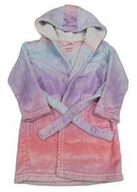 Korálovo-fialovo-svetlomodrý plyšový župan s kapucňou PRIMARK