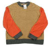 Nové - hnědo-červeno-tmavošedý žebrovaný svetr HEMA