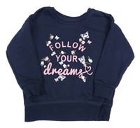 Tmavomodrá mikina s nápismi a motýlikmi a kvietkami PRIMARK