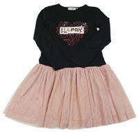 Černo-světlerůžové šaty se srdíčkem z překlápěcích flitrů a tylem happy girl