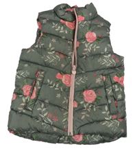 Khaki prešívaná šušťáková zateplená vesta s růžemi a lienkami dopodopo
